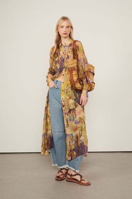 Chemise De Georgette Leve Longa Estampada Bordada Est Paisagem Oasis Color - 44