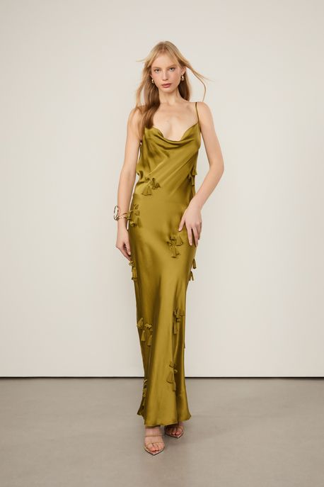Vestido De Seda Longo De Alça Com Flores Caídas Verde Moss Verde Moss - 42