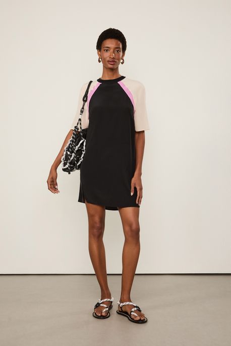 Vestido De Seda Curto Recorte Colorblock Preto - 36