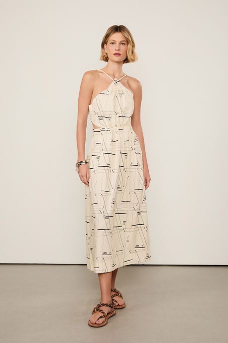 Vestido De Algodão Midi Recortes Estampado Est Geo Laser - 38
