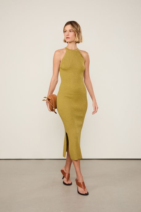 Vestido De Tricot Com Lurex Midi Decote Halter Verde Moss / Lurex - P