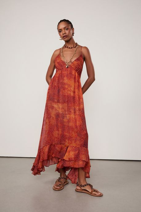 Vestido De Georgette Leve Longo De Alça Estampado Est Pois Oasis Color - 38