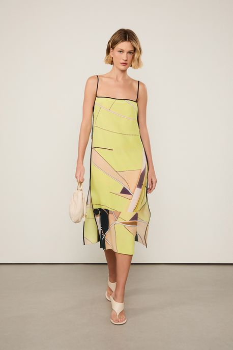 Vestido De Seda Midi Decote Reto Estampado Est Loc Wind Color - 44