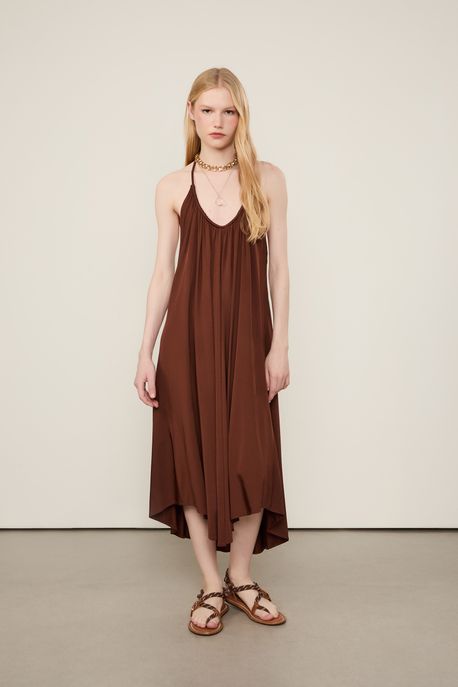 Vestido Jersey Midi Amplo Adornos Marrom Cacau - P