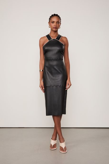 Vestido De Couro Stretch Midi Detalhe Vivo Preto - 36