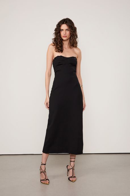 Vestido Malha Estruturada Sem Alça Ilhós Preto - PP