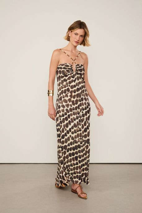 Vestido De Georgette Pesado Longuete Alças Bordadas Estampado Est Bar Pois Penas Color - 42