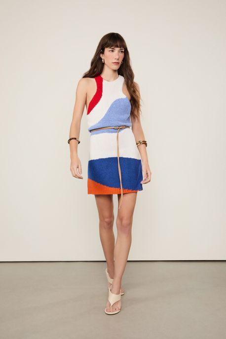 Vestido De Tricot Curto Ponto Atoalhado Mix Cores Off White/ Azul/ Laranja/ Vermelho - M