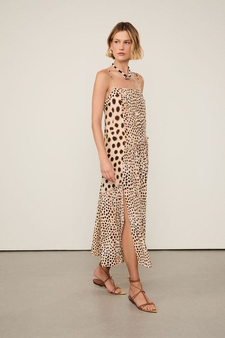 Vestido De Seda Midi Fenda Lateral Estampado Est Onca Oasis Color p - 42