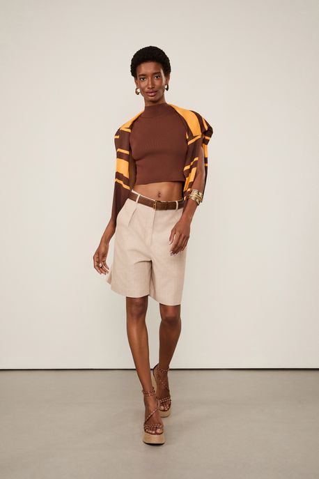 Bermuda De Algodão Com Linho Espinha De Peixe Bege Bege - 34