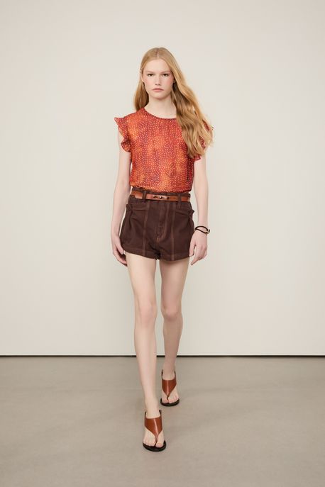 Short De Sarja Cinto Couro Cintura Média Marrom Cacau - 42