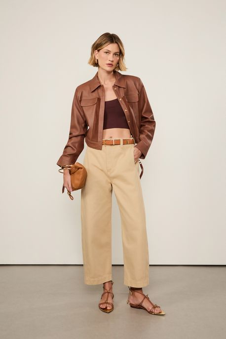 Calça De Sarja Bolso Faca Faixa Cintura Alta Bege Khaki - 40