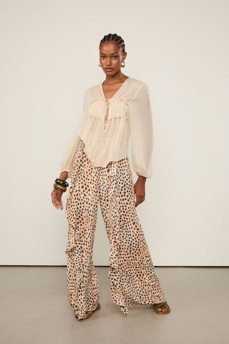 Calça De Georgette Pesado Babados Estampada Est Onca Oasis Color p - 42