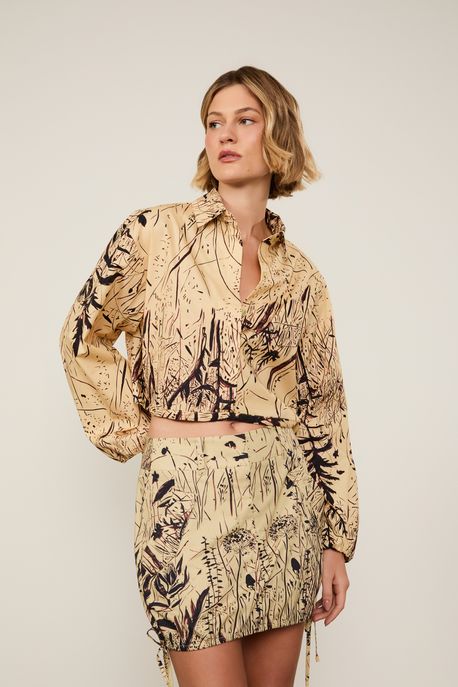 Camisa De Algodão Cropped Manga Longa Cintura Ajustável Estampada Est Folhagem Nanquim Papiro - 36