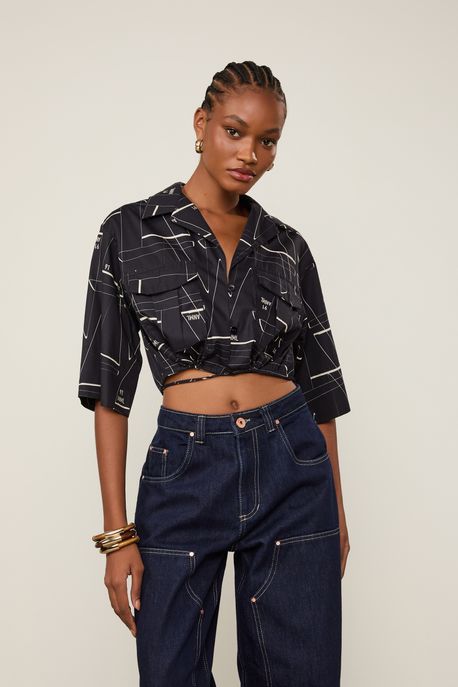 Camisa De Algodão Cropped Detalhe Amarração Estampada Est Geo Laser - 34