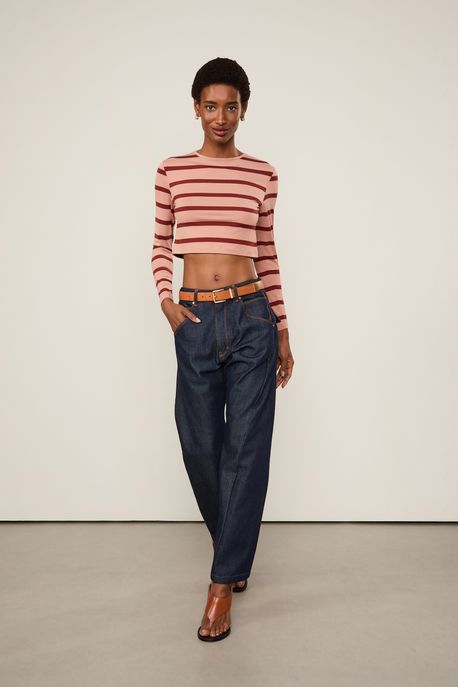Cropped Manga Longa Fio Tinto Bronze Light Com Marrom Taipas - P