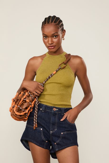 Blusa De Tricot Com Lurex Decote Halter Verde Moss/ Lurex - G