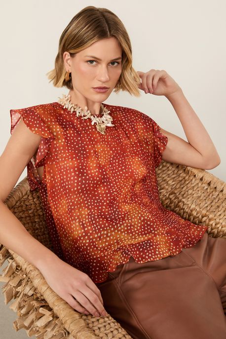 Blusa De Georgette Leve Babados Estampada Est Pois Oasis Color - 36