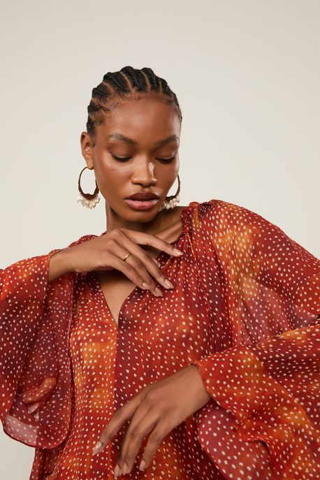 Bata De Georgette Leve Babados Manga Longa Estampada Est Pois Oasis Color - 38