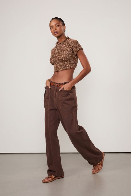 Blusa Cropped De Tricot Manga Curta e Amarração Costas Marrom - P