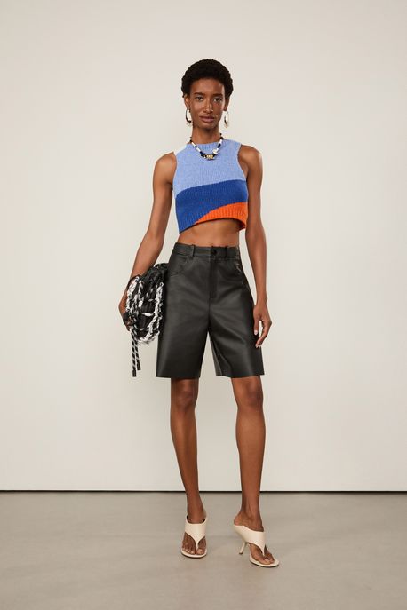 Blusa De Tricot Cropped Ponto Atoalhado Mix Cores Azul Claro/ Azul Escuro/ Laranja - G