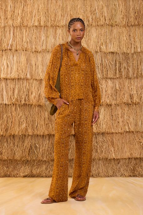 Calça De Georgette Reta Estampada Est Cobra Lajedo Brick - 38