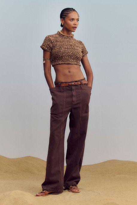 Calça De Sarja Cinto Couro Cintura Baixa Marrom Cacau - 40