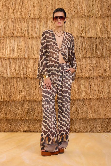 Calça De Georgette Pesado Reta Estampada Est Bar Pois Penas Color - 36