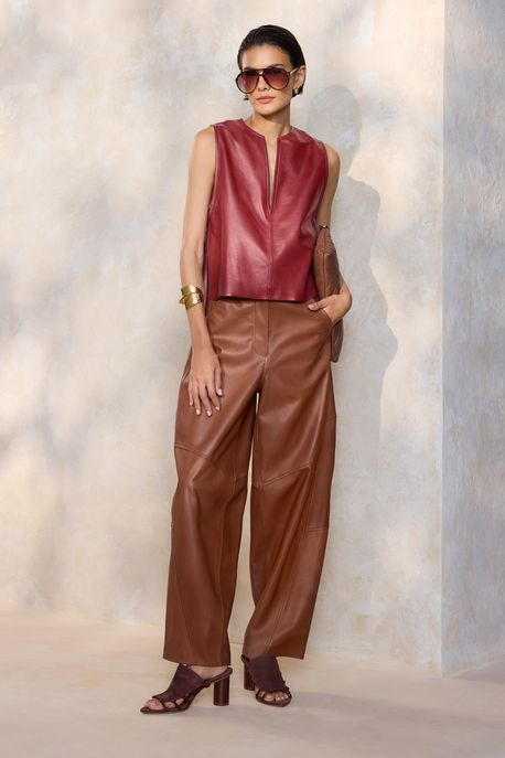 Calça De Couro Pespontos Barrel Leg Marrom Marrom Gengibre - 36