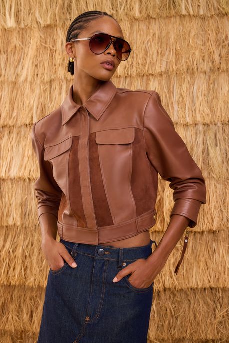 Jaqueta De Couro Mix Textura Marrom Gengibre - 36