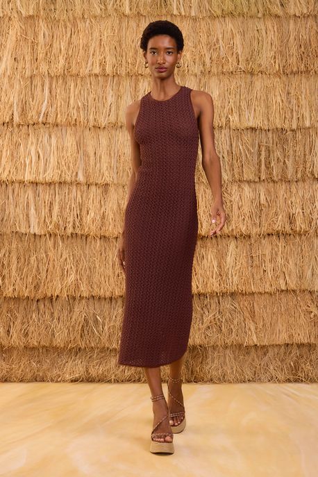 Vestido Malha Textura Midi Marrom Marrom Cacau - PP