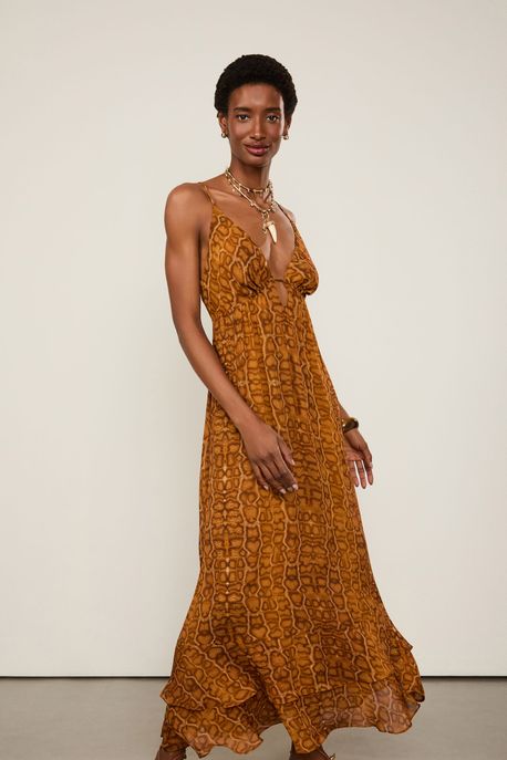 Vestido De Georgette Leve Longo De Alça Estampado Est Cobra Lajedo Brick - 36