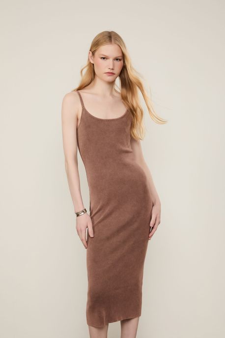 Vestido De Tricot Midi Regata Básico Marrom Cacau - P