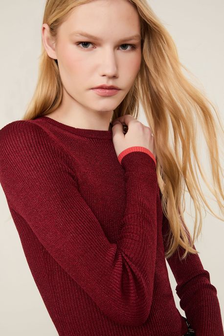 Blusa De Tricot Manga Longa Com Detalhe Color Marrom Pimenta/ Coral Art - G