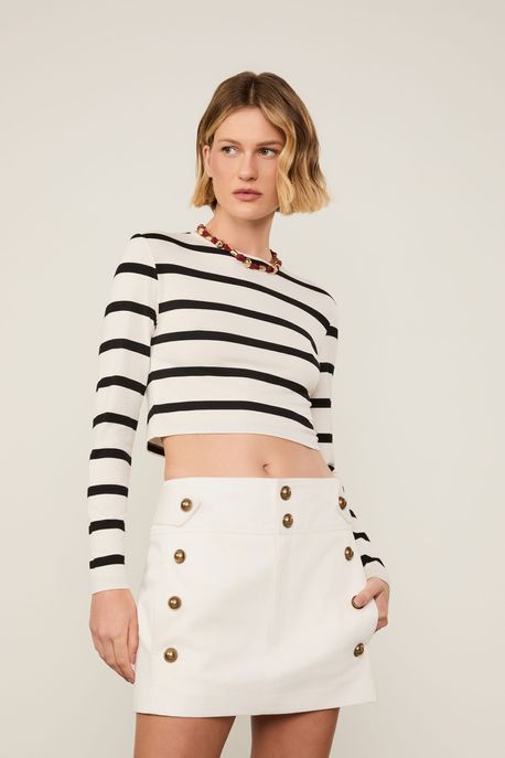 Cropped Manga Longa Fio Tinto Preto e Branco - P