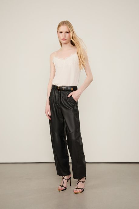 Calça De Couro Pespontos Barrel Leg Preto Preto - 44