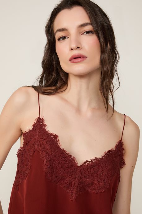 Regata De Seda De Alcinha Marrom Decote v Marrom Raiz - 44