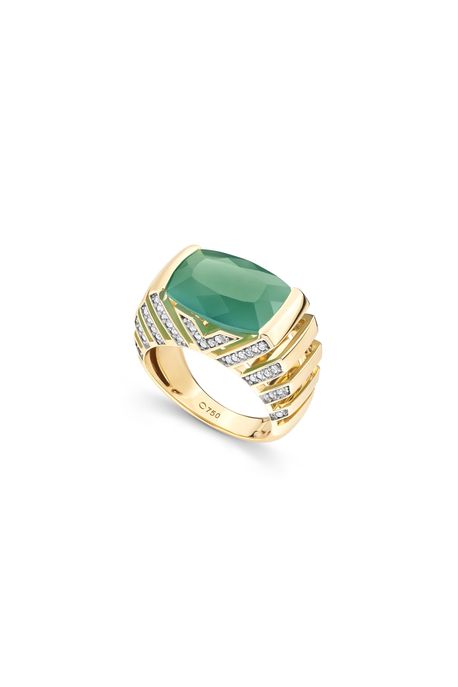 Anel Ares Ouro Amarelo Com Agata Verde / Diamante - 17