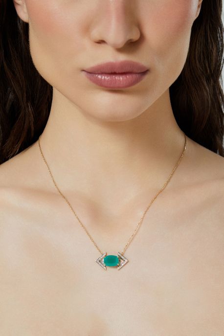 Colar Ares Setas Ouro Amarelo Com Agata Verde / Diamante - U