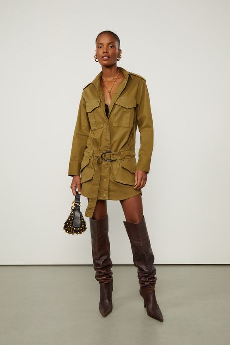 Vestido De Sarja Curto Parka Militar Verde Figo - 38