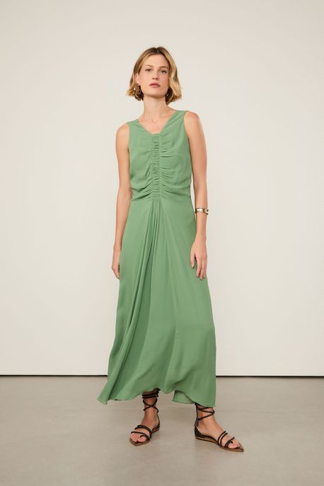 Vestido De Georgette Pesado Midi Decote Amarração Verde Verde Confrei - 34