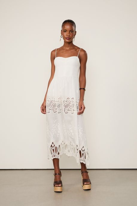 Vestido Midi Com Linho Com Bordado Richelieu Off White - 38