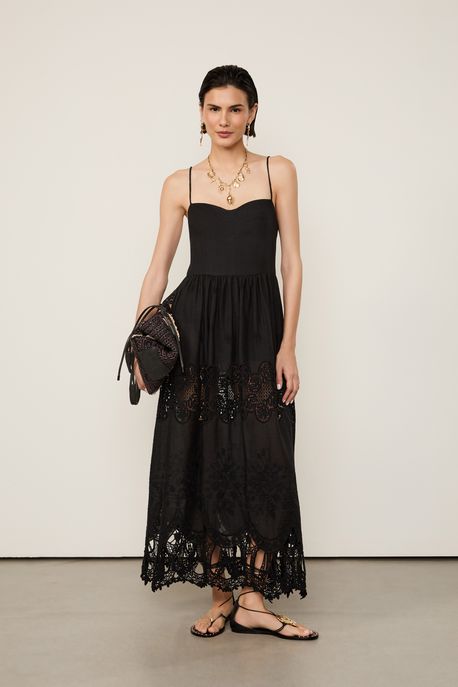 Vestido Midi Com Linho Com Bordado Richelieu Preto - 36