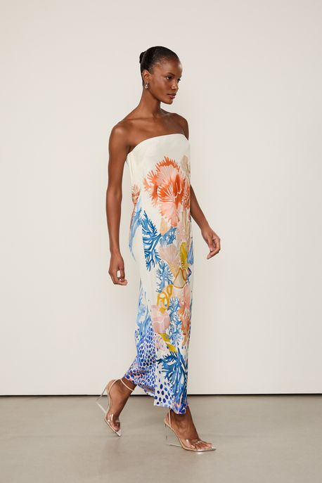 Vestido De Cetim Midi Sem Alça Estampado Est Loc Coquille Color - 42