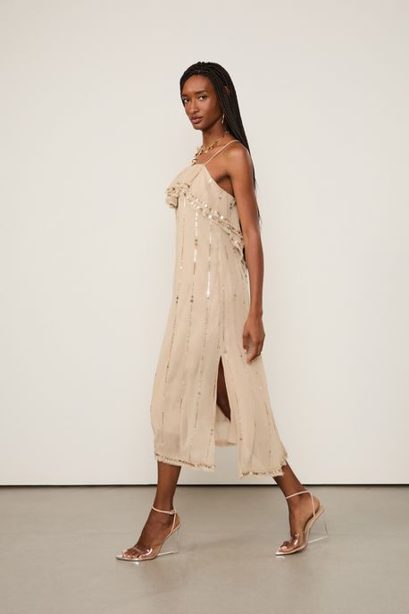Vestido De Georgette Midi Bege Khaki Detalhes Em Lantejoulas Bege Khaki - 38