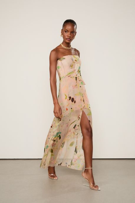 Vestido De Georgette Longo Estampado Sem Alças Est Floral Eden Color - 44