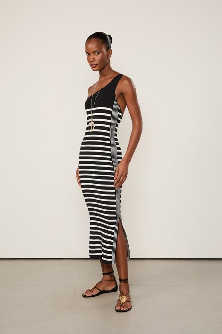 Vestido De Tricot Midi Listra Pb Com Um Ombro Só Preto / Listra Branca - M