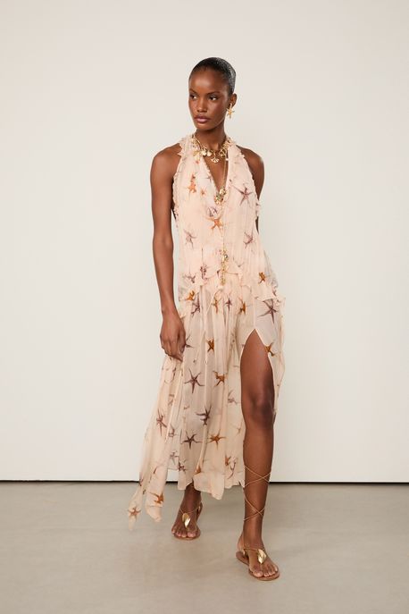 Vestido De Chiffon Longo Estampado Com Babados Resort Est Fig Starfish Color m - 40