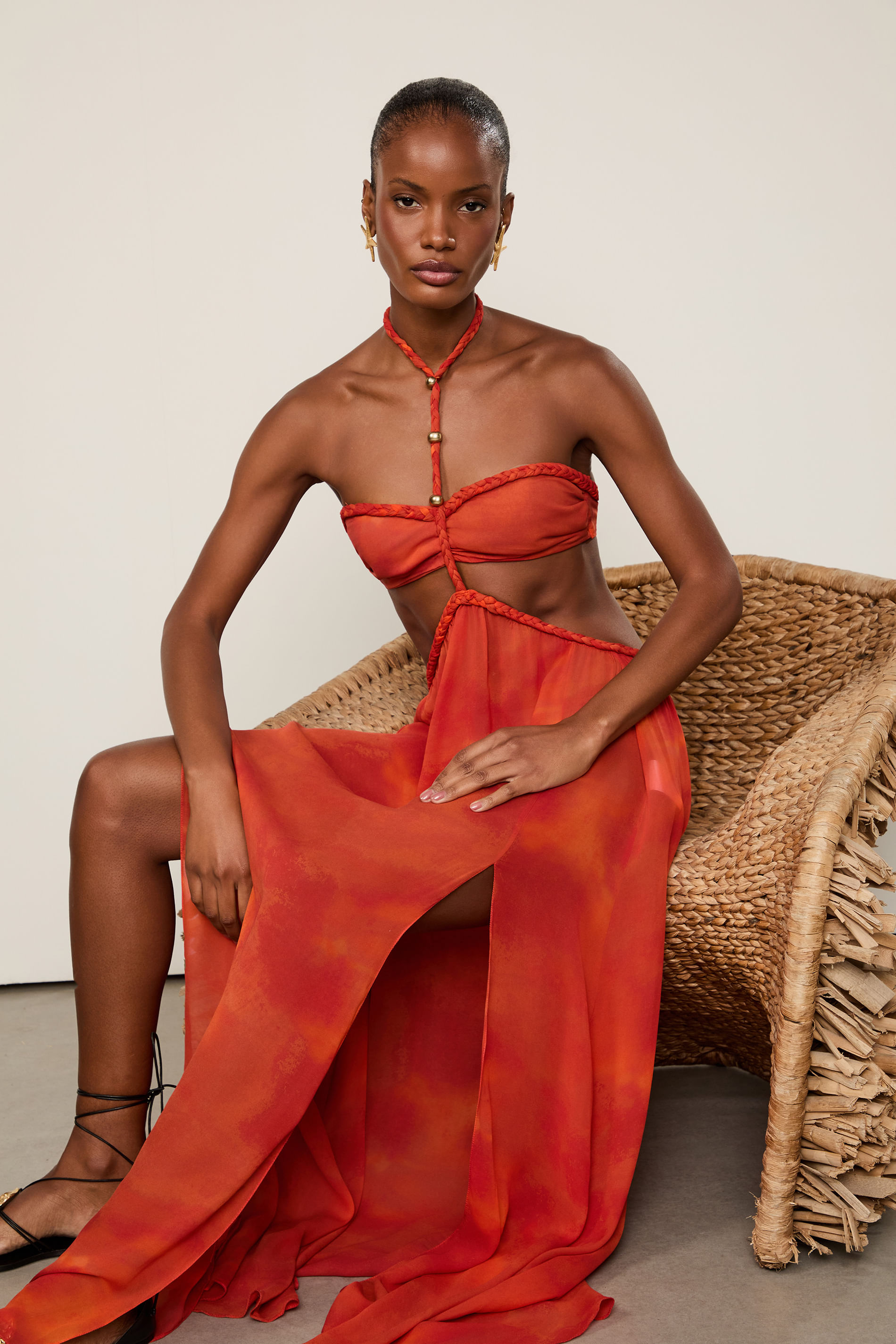 Vestido De Georgette Leve Longo Estampado Detalhe Trança Resort