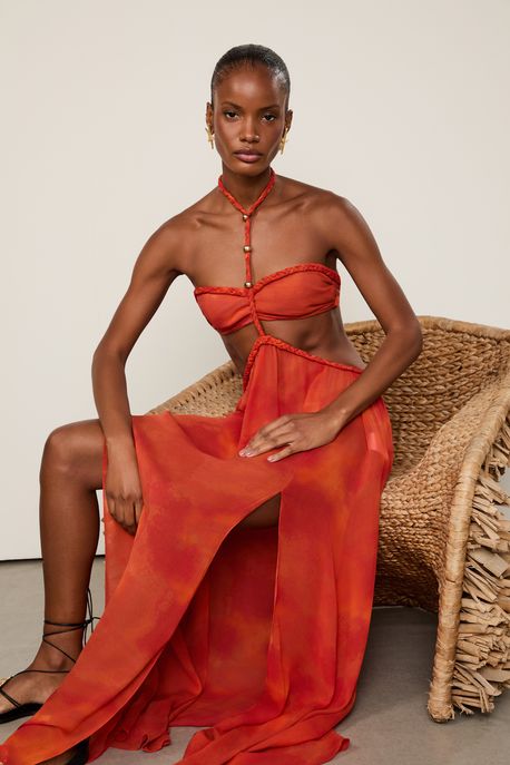 Vestido De Georgette Leve Longo Estampado Detalhe Trança Resort Est Textura Starfish Laranja - 36
